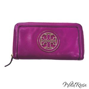TORY BURCH PURPLE PEBBLED LEATHER ZIP GOLD MONOGRAM HARDWARE WALLET